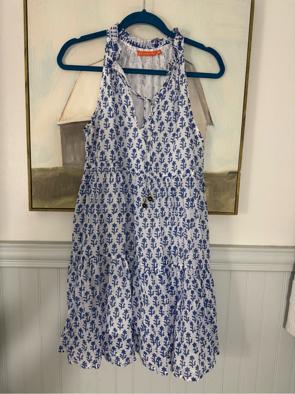 OLIPHANT White & Blue Blockprint Mini Dress with Botanical Print Size M